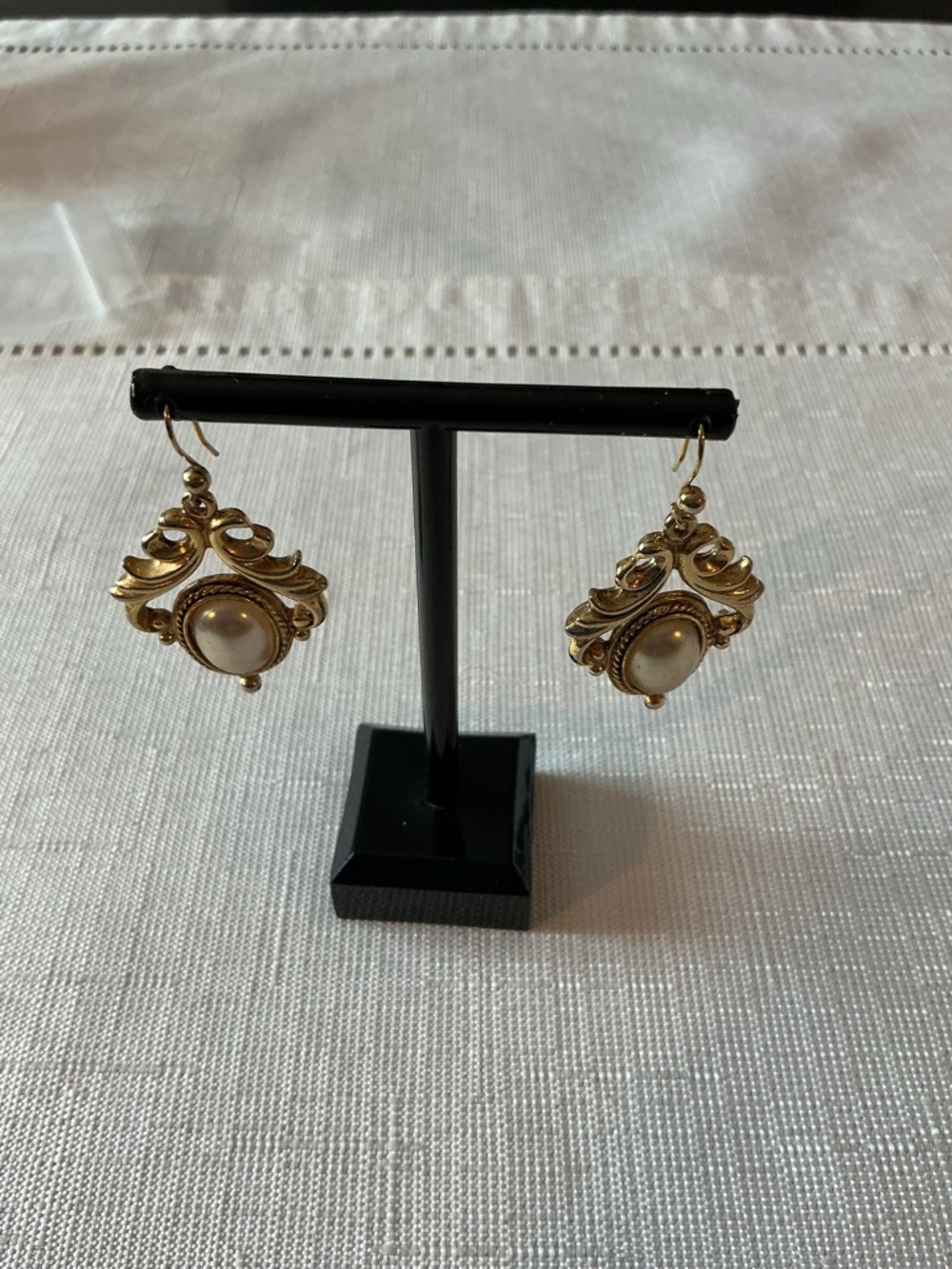 Regency Style Faux Pearl Gold Tone Drop Earrings